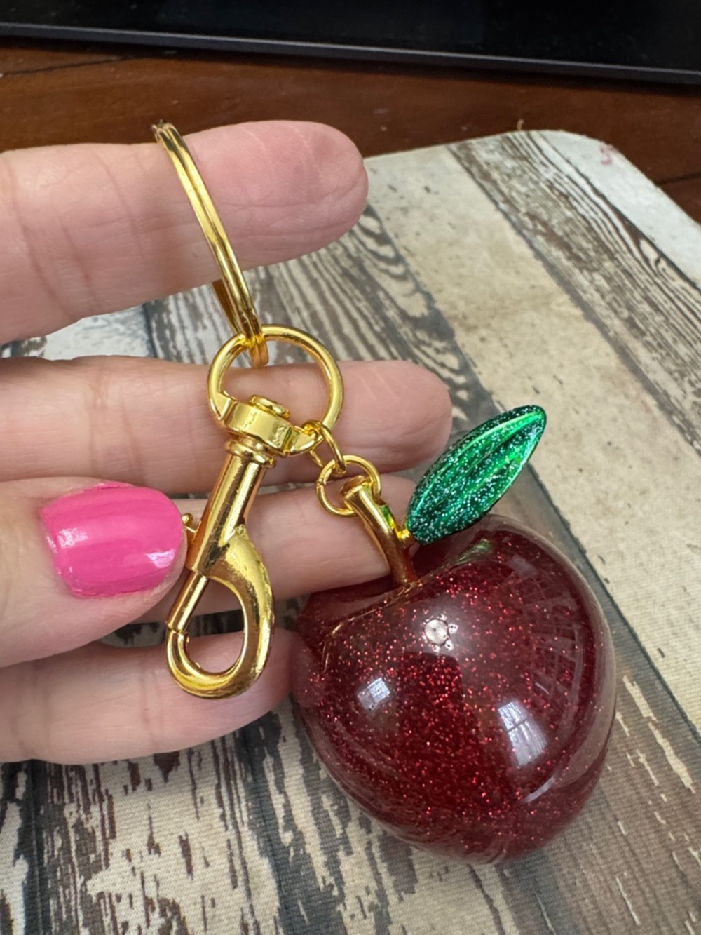 NEW! Gold Keychain Large  Red Glitter Resin Cherry Apple Charm